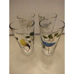 Vintage 16 oz heavy bottom blue bird yellow cardinal glasses set 4